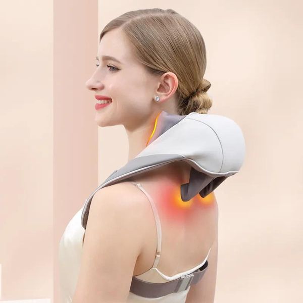 Pillowws Massage-Nackenkissen, Shiatsu- und Rückenmassagegerät mit beruhigender Wärme, kabelloses elektrisches Tiefengewebe-5D-Knetmassagekissen Shou