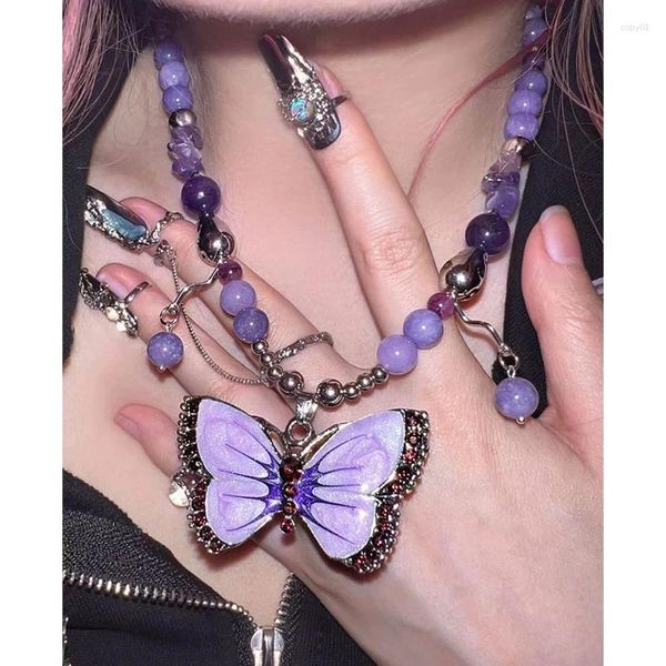 Anhänger Halsketten Y2K Lila Perlen Schmetterling Halskette Frauen Vintage-Schmuck Koreanische Charms Choker Punk Zubehör