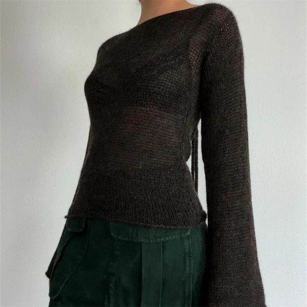 Женские свитера Y2K с завязкой на спине, женские с длинным рукавом с вырезом лодочкой, однотонный вязаный пуловер, повседневные вязаные топы, осень 2023, 231218