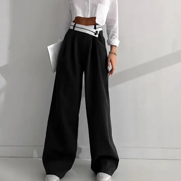 Calça feminina perna larga para mulheres design de botão preto contraste a cintura alta casual de longa cintura