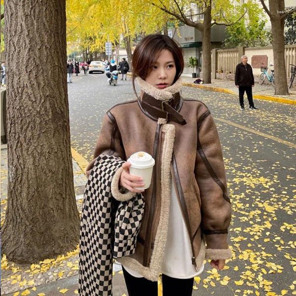 Giacca da motociclista in lana di agnello retrò moda coreana in pelle da donna Cappotto in pelle scamosciata autunno inverno di alta qualità addensato antivento