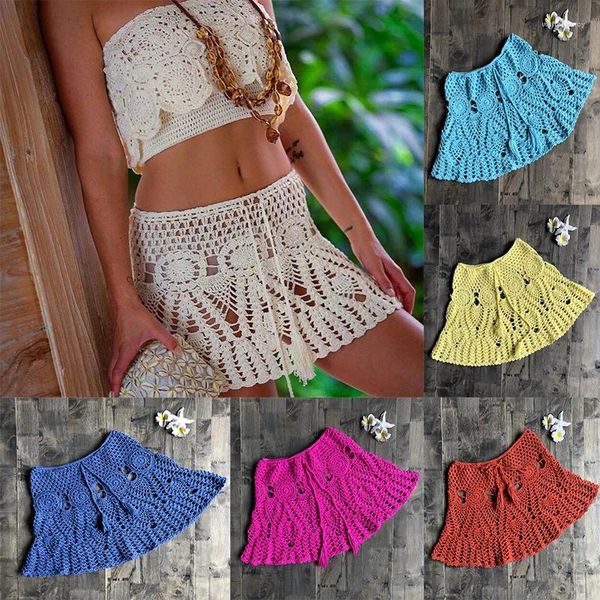 Menas de banho feminina Sexy Crochet Tassel Beach Salia de algodão Swimsuit Fused Casual Running Lace Veja através de encobrimentos finos