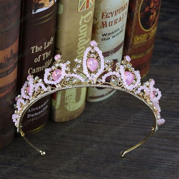 Свадебная корона, милая розовая каплевидная хрустальная корона, женская тиара со стразами, диадема, украшение для волос, женские аксессуары284Y