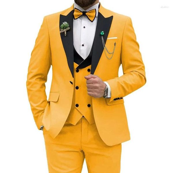 Ternos masculinos amarelo brilhante terno preto lapela repicado único breasted luxo conjunto completo 3 peça jaqueta calças colete traje hombre 2023