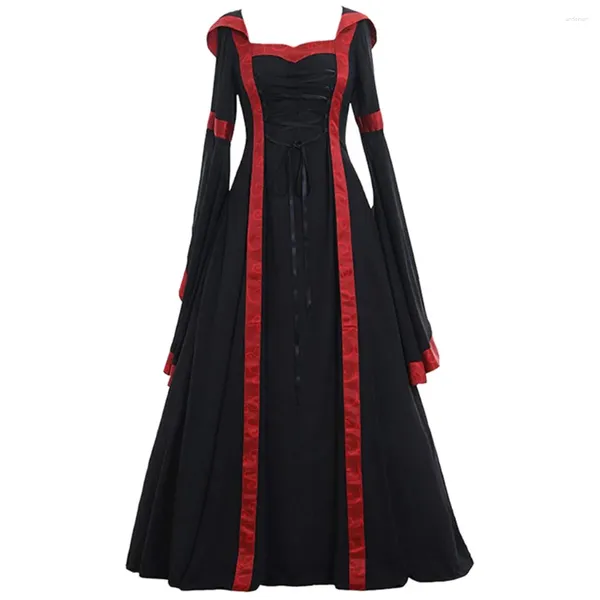 Casual Kleider Damen Vintage Punk Maxi Langes Kleid Mittelalterliche Bandage Patchwork Flare Sleeve Elegante Gothic Cosplay Vestidos Robe