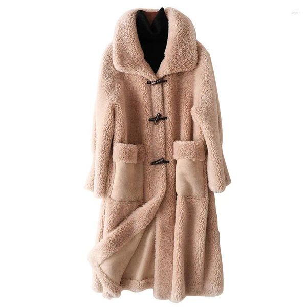 Frauen Fell Hohe Qualität Mid-Länge Körnige Schafe Geschoren Wolle Mantel Frauen 2023 Winter Warme Lamm Jacke Weibliche lose Mantel H2695