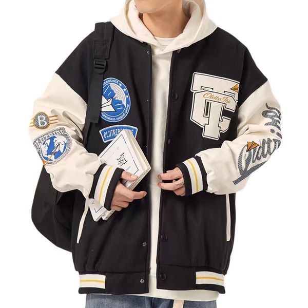 Jaquetas masculinas carta bordado vintage homens varsity bomber jaqueta oversize primavera outono uniforme de beisebol manga de couro azul mulheres casacos soltos 231218