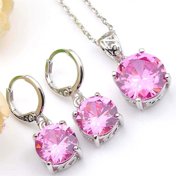 Nuovi 6 set / lotto Moda ROSA Rotondo Argento 925 Colore Cubic Zirconia Pendenti Collane Orecchini pendenti Set di gioielli da sposa per le donne258e