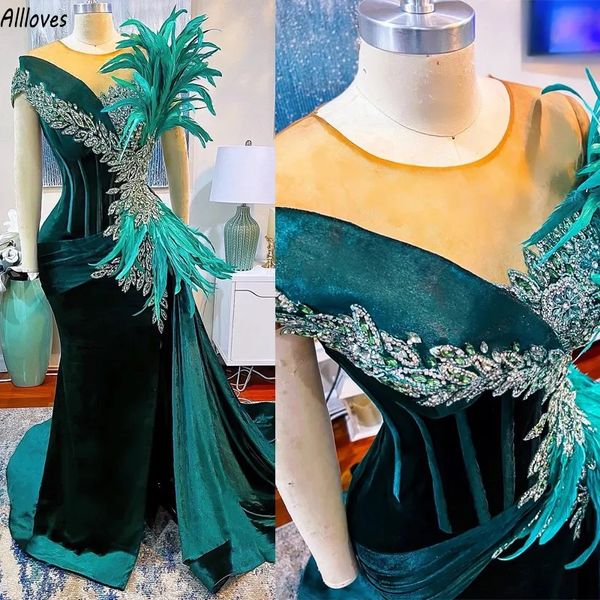 Cristais brilhantes penas vestidos de noite de luxo árabe aso ebi confortável veludo formal vestidos de festa de baile plus size longo sereia vestido de ocasião especial cl3086