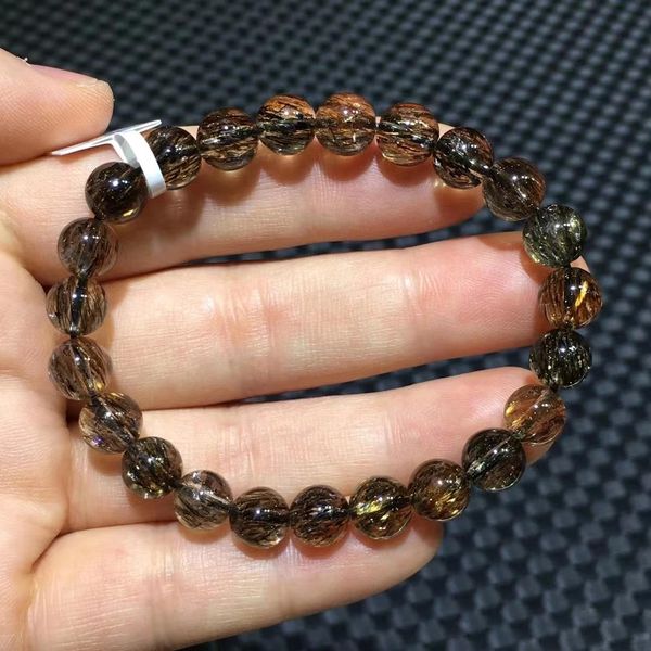 Bracciale in rame in rame in oro nero ruspato in oro in venatura naturale da 8mm. Perle rotonde trasparenti da donna Super 7 Bracciale Aaaaaa