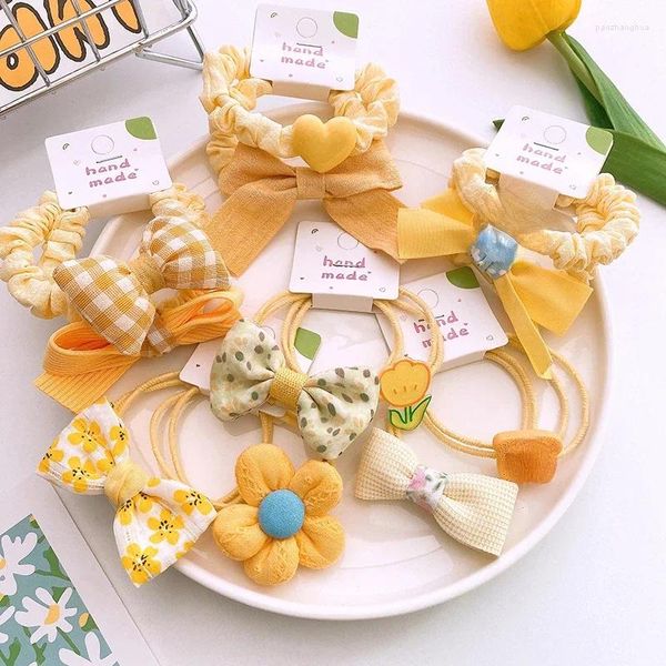 Accessori per capelli 2 pezzi/set Fasce elastiche per capelli con fiocco a fiori Motivo a quadretti gialli Cravatte dolci per bambini Moda per bambini