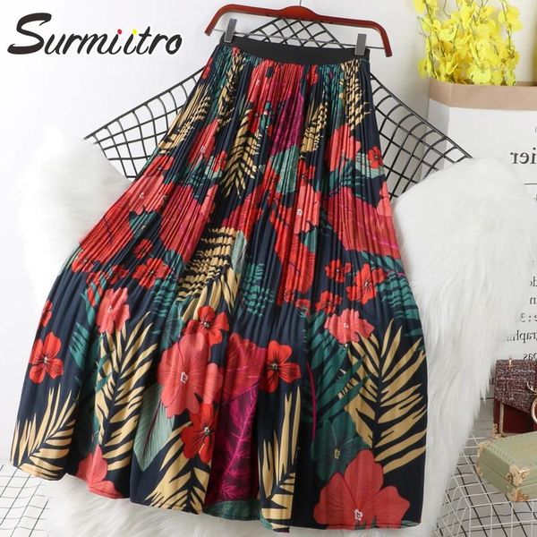 saia Surmiitro estampa floral chiffon maxi saia mulher com cintura alta 2022 primavera verão damas vermelhas preto longa saia feminina