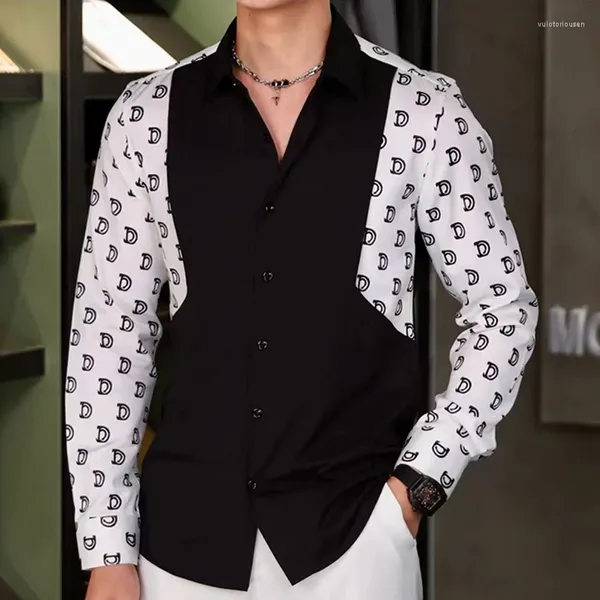 Camicie casual da uomo Moda Nero Bianco Colore Contrasto Lettera Stampa Camicia Uomo Autunno Camisa Masculina Tuxedo Night Club