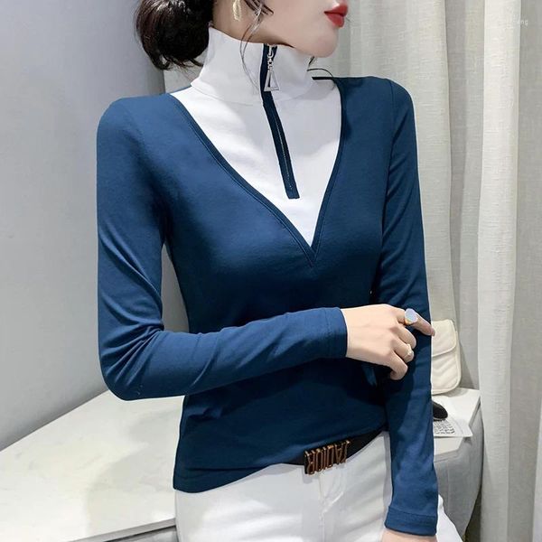 Kadın Tişörtleri Yamalı Fermuar Blubleneck Uzun Kollu Pamuk T-Shirt Kadınlar Sonbahar Kış Moda Tees Üstleri Hf961