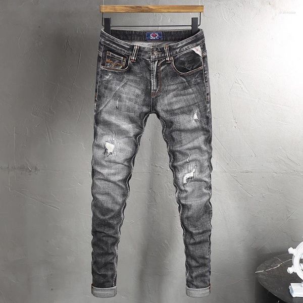 Jeans masculinos Ly Vintage Moda Homens Retro Preto Cinza Stretch Elástico Slim Rasgado Bordado Remendado Designer Denim Calças