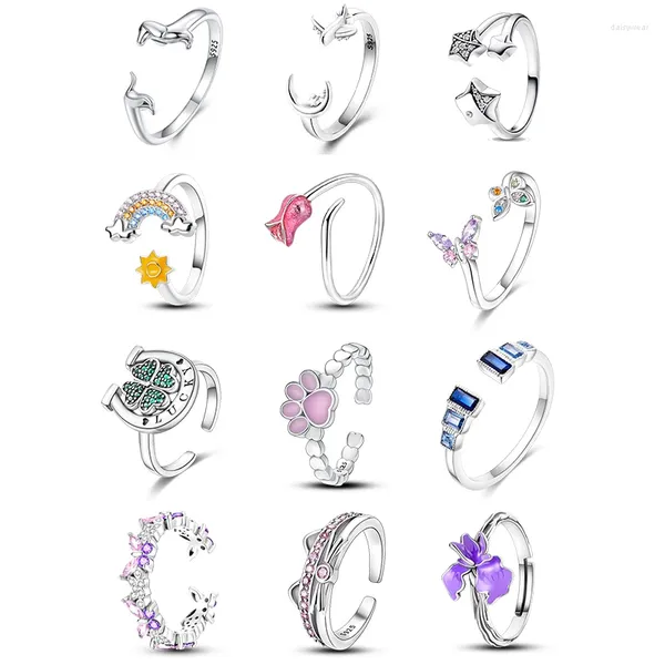 Anéis de cluster rosa tulipa anel aberto para mulheres 925 prata original zircão borboleta arco-íris estrelas lua ajustável tamanho livre jóias de dedo