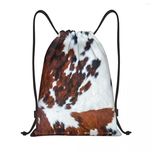 Borse per la spesa Borsa con coulisse in pelle di mucca sintetica rustica per zaini da yoga Donna Uomo Pelle di vacchetta animale Texture Zaino da palestra sportivo