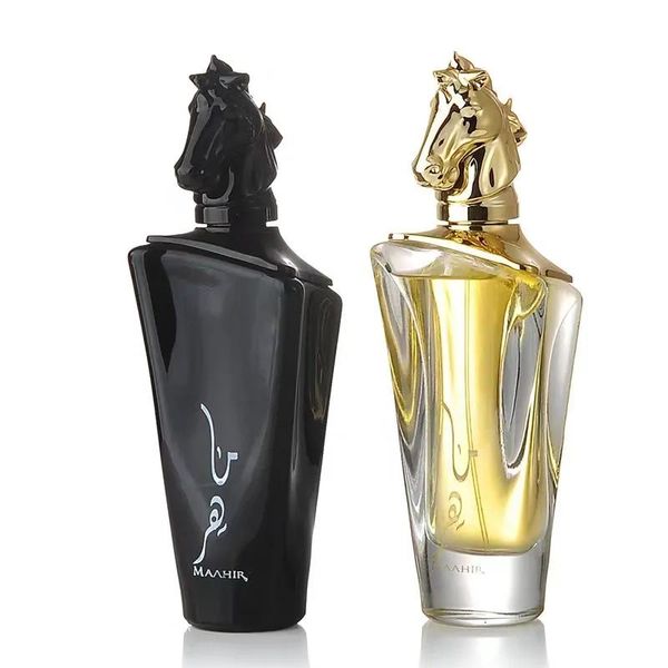 Fragrância venda quente homens árabes perfume garrafa de vidro spray maahir cabeça de cavalo requintado caixa de presente perfume 100ml entrega rápida