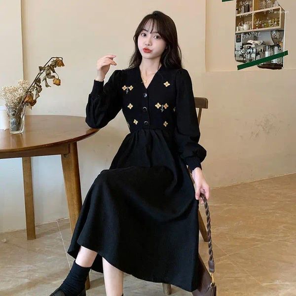 Casual Kleider Frühling Herbst V-ausschnitt Retro Kleid Langarm Mid-länge Frauen Koreanische frauen Kleidung Elegante Chic Promotion robe