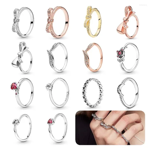 Anelli a grappolo in argento sterling 925 con fiocco per le donne Anello impilabile a fascia La bella e la bestia Bijoux da sposa Accessori Bague