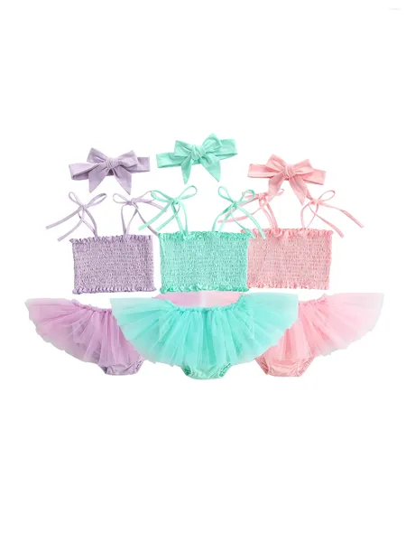 Set di abbigliamento Set da tre pezzi per neonato Pantaloncini in rete senza maniche a pieghe tinta unita per neonato Fascia per capelli per ragazze
