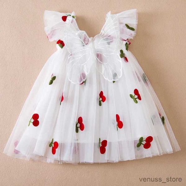 Mädchenkleider 1–5 Jahre, Sommerkleid für Babymädchen mit Schmetterlingsflügeln, süßes Kirschtüll-Kinderprinzessinkleid, Geburtstag, lässig, Urlaub, Mädchenkleider