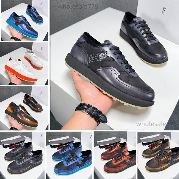 2024 Berluti Sapatos Casuais Homens Sapatos de Designer Genuíno Couro Vintage Clássico Malha Leve Solas de Espuma para Pano Moda Couro Sapatos Esticados Pano Treinadores Homens