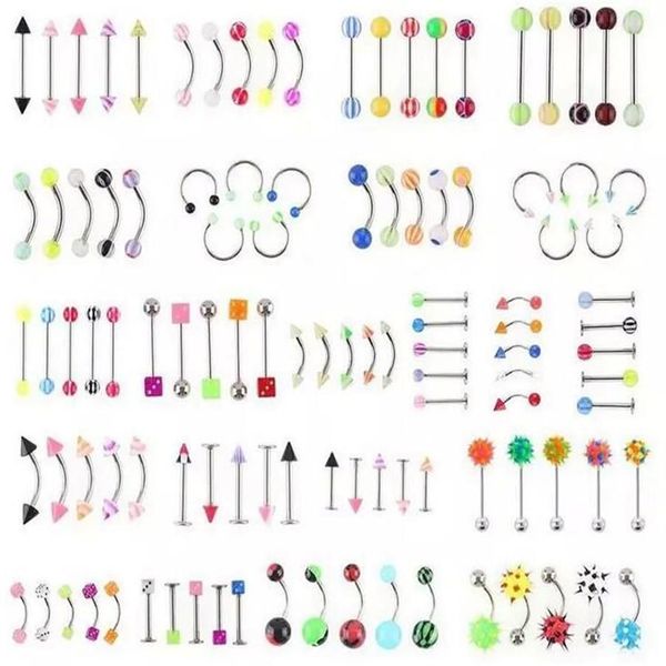 Nuovi 105 pezzi lotti mix acrilico gioielli in acciaio inossidabile pancia ombelico lingua labbro body piercing 286T