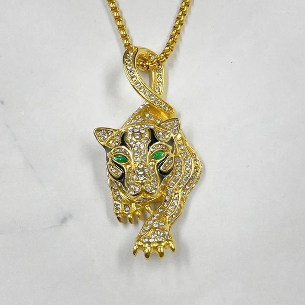 Pendant Necklaces Animal Leopard Head Gold Silver Color Bling Rhinestone Men's Hip Hop Rock Jewelry