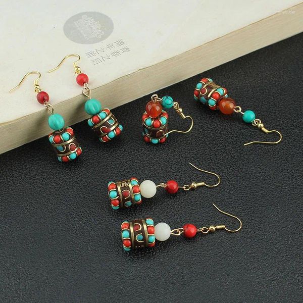 Dangle Brincos Retro Estilo Tibete Fio de Cobre Turquesa Incrustação Nicho Artesanal Tribal Antigo Jóias Crochê