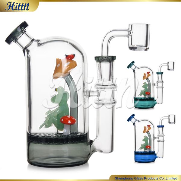 Mantar Bong 6 inç Taşınabilir Dab Teçhizatlar Frog Mantar Percolator Cam Su Boruları 14mm kuvars banger mavi yeşil siyah ile dabbing için