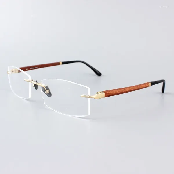 Sonnenbrille Vazrobe Randloses Titan-Brillengestell Männer Frauen Holztempel Kurzsichtige Brille Brille für Rezept Goldgrau