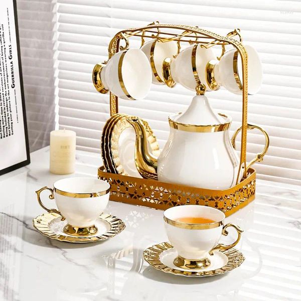 Tassen, Untertassen, europäischer Stil, edle Knochenporzellan-Kaffeekanne und Untertasse, luxuriöses Keramik-Teetassen-Set für 6 Personen