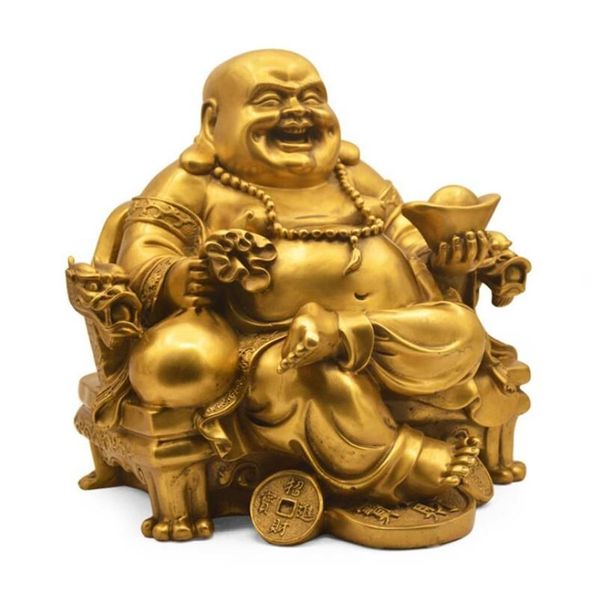 Açılış Saf bakır Maitreya Heykeli Dekorasyon Ejderha Sandalye Ping Bir Buda Lucky Servet Ofis Town Crafts311u