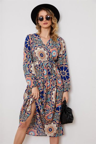 Повседневные платья Модный стиль Amazon Independent Station Трансграничная внешняя торговля Платье с V-образным вырезом и большим цветком с длинными рукавами на талии