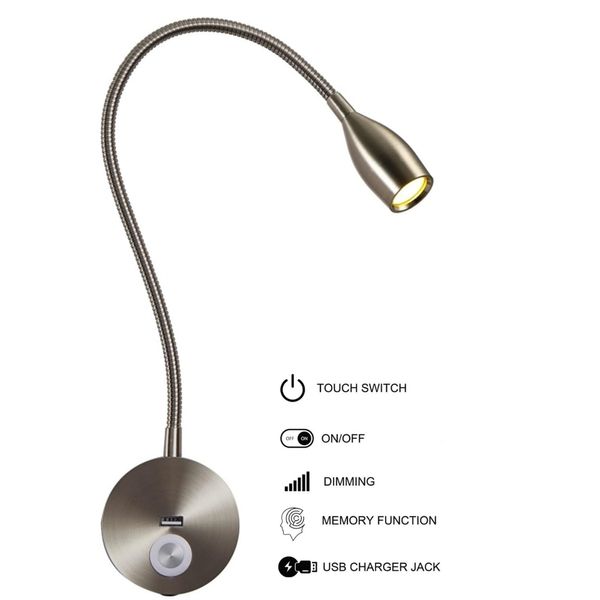 TOKILI -Plug -in -Wandleuchten für Buchleselampen flexibel mit USB -Ladegerät Touch ON/Off/Dimmer Spotlight Bett Headboar