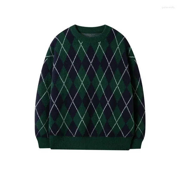 Erkek Sweaters Sonbahar ve Kış Gevşek Rahat Modeli Sweater Retro Elmas Kafesi Sıcak Yuvarlak Boyun