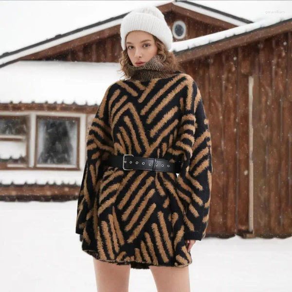 Frauen Pullover Retro Braun Streifen Casual Faul Mohair Lose Pullover Tops Outwear 2023 Herbst/winter Rollkragen Warme Pullover frauen