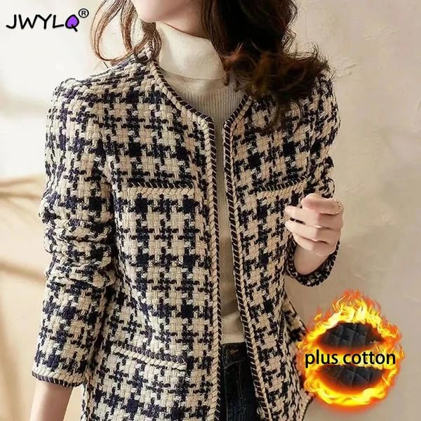 Damenjacken Vintage Hahnentritt-Tweed Blended für Frauen Jacke Kurzmantel Koreanische Mode Langarm Winter Verdickung Kleidung 231218