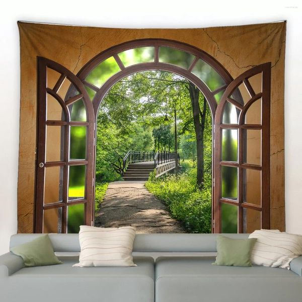 Wandteppiche, Frühling, Wald, grüne Bäume, Pflanze, Holzbrücke, natürliche Landschaft, Wandteppich, moderne Wohnzimmer-Dekoration, Wandbehang