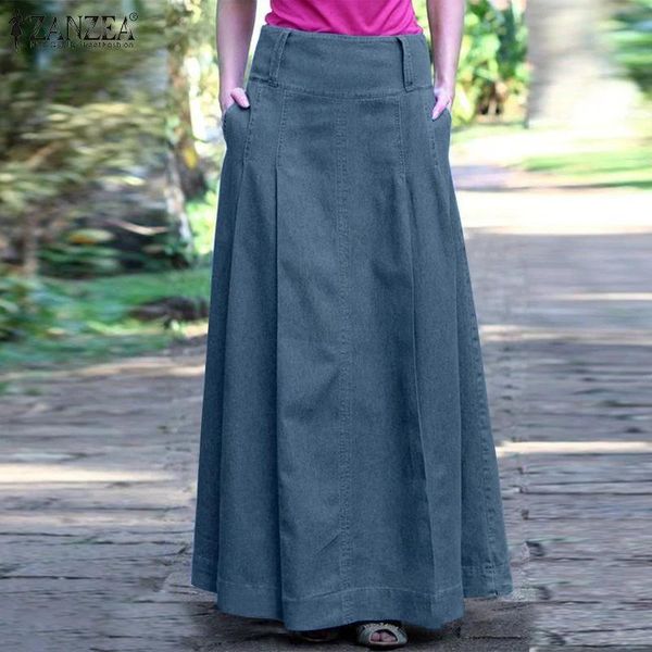 Ternos zanzea verão mulheres jeans azul longas saias femme túmulo sólido maxi vestido jupe vintage skirt de festa alienígena Faldas saia