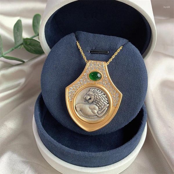 Ciondoli Collana con monete romane antiche S925 Argento retrò leone intarsiato pietra verde Catena per maglione moda donna