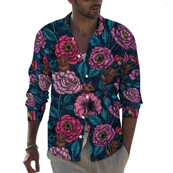 Camisas casuais masculinas rosa floral impressão camisa rosa flores manga longa gráfico elegante blusas outono vintage roupas de grandes dimensões