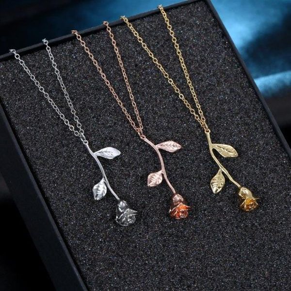 VKME Rose Flower Pendant Necklace for Women 3 Colors Vintage Boho Botanical Necklace Glamour Fashion Party Gifts252u