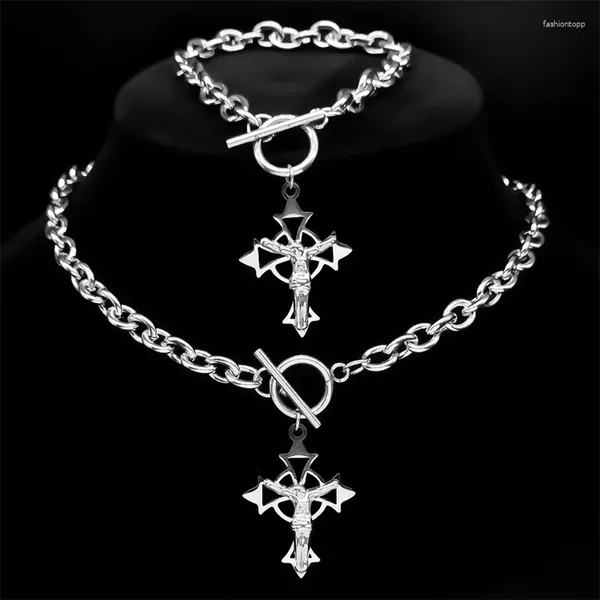 Anhänger Halsketten Katholische Jesus Kreuz Kruzifix Halskette Armband Set Für Frauen Edelstahl Mode Kette Schmuck Collares Para Mujer