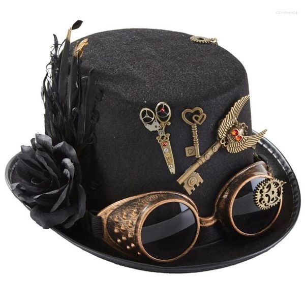 Berets Retro Steampunk Hut Viktorianischen Top Feder Blume Zahnräder Brille Kette Punk Zubehör Für Dress Up Party