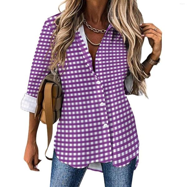 Женские блузки Фиолетовая блузка в клетку Женская клетчатая блузка с принтом Корейская мода Свободная весенняя модная рубашка с длинным рукавом Одежда на заказ большого размера