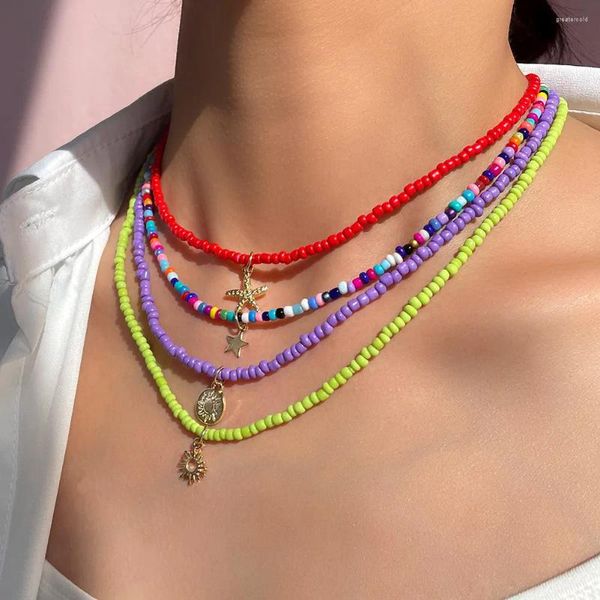 Collane con ciondolo Boho Collana di perline di semi acrilici multicolori per donne Farfalla in metallo Sun Star Choker Gioielli per le vacanze