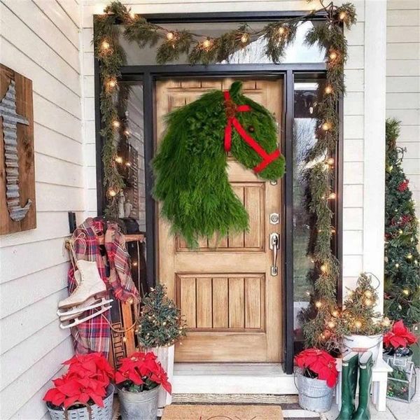 Fiori decorativi 2 pezzi ghirlanda di teste di cavallo piante verdi artificiali di Natale per decorazioni natalizie per porte d'ingresso