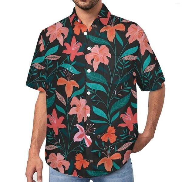 Erkekler rahat gömlekler tropikal çiçek baskısı plaj gömlek alev çiçekler hawaii erkekler vintage bluzlar kısa kollu grafik kıyafetler büyük boyut